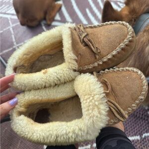 L.L. Bean Tan and Cream Cozy Moccasin Slippers